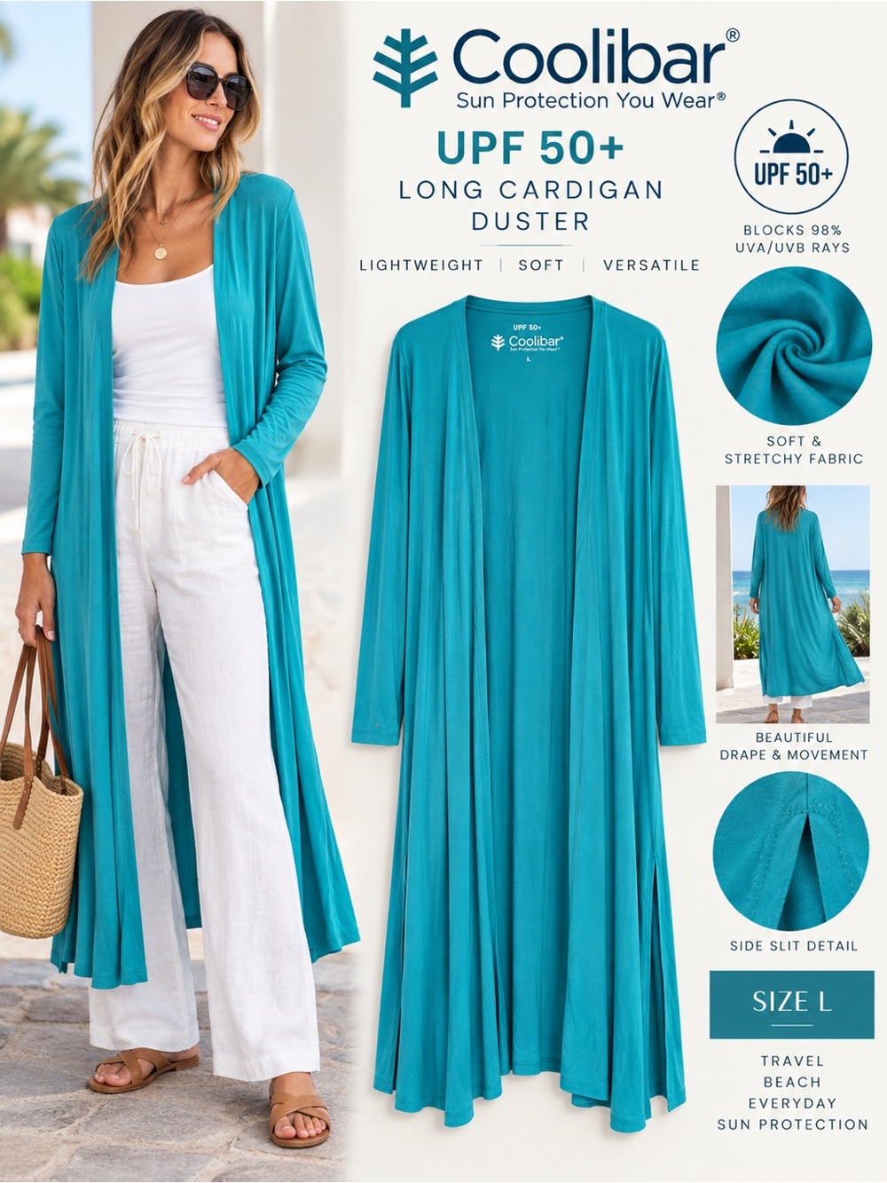 Coolibar UPF 50+ Turquoise Long Open Cardigan Duster Size L